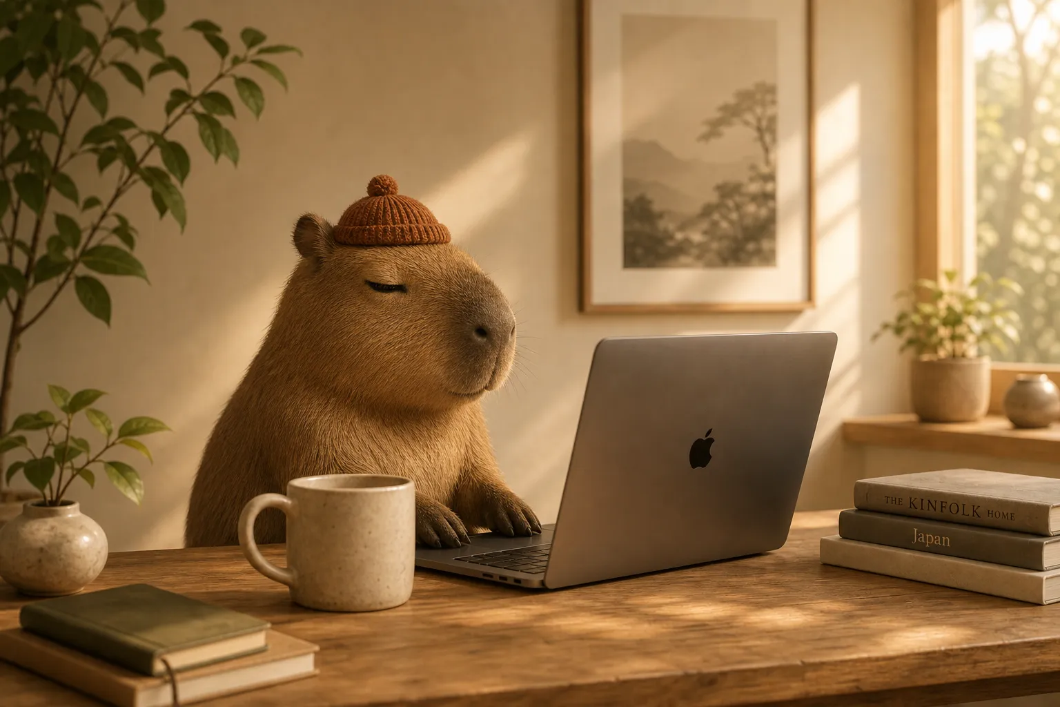 Capybara wearing a knit cap working at a MacBook on a warm, cozy desk