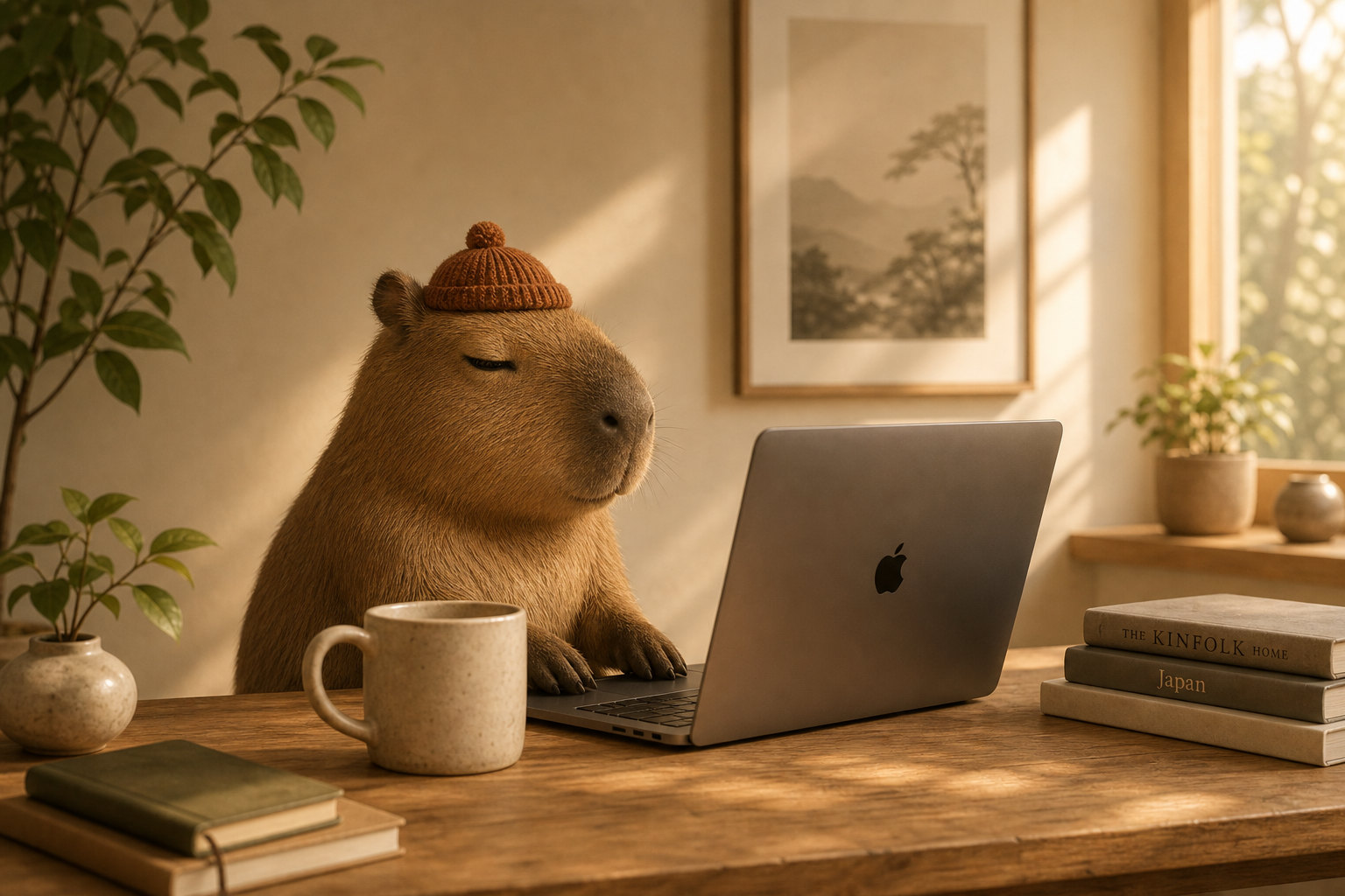 Capibara con gorro trabajando en un MacBook en un escritorio acogedor con luz cálida